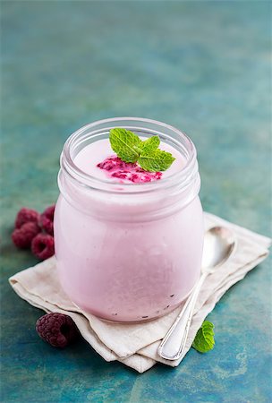 simsearch:400-08251879,k - Natural homemade yogurt with raspberry and mint, selective focus, copy space Stock Photo - Budget Royalty-Free & Subscription, Code: 400-09064153