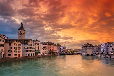 simsearch:400-08076016,k - Cityscape image of Zurich, Switzerland during dramatic sunset. Stock Photo - Budget Royalty-Free & Subscription, Code: 400-09064219