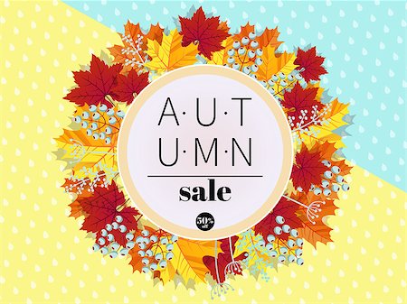 Autumn Sale. 3D stylized multicolored leaves wreath on colored paper rainy background. Round fall leaves and berries frame with autumn discount text. Cartoon style vector illustration Foto de stock - Royalty-Free Super Valor e Assinatura, Número: 400-09064301