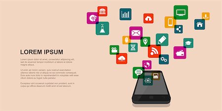 simsearch:400-07035657,k - picture of mobile phone with set of icons, internet technology concept, flat style banner Stock Photo - Budget Royalty-Free & Subscription, Code: 400-09064388
