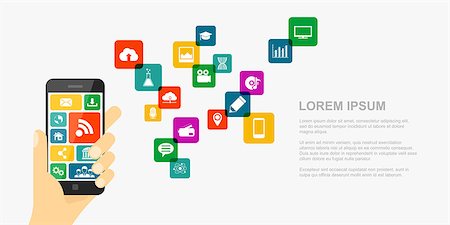 simsearch:400-07035657,k - picture of human hand holding mobile phone with set of icons, internet technology concept, flat style banner Stock Photo - Budget Royalty-Free & Subscription, Code: 400-09064389