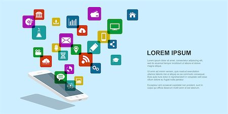 simsearch:400-07035657,k - picture of mobile phone with set of icons, internet technology concept, flat style banner Stock Photo - Budget Royalty-Free & Subscription, Code: 400-09064390