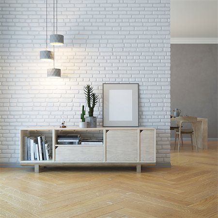 simsearch:400-06075405,k - living room interior with wooden sideboard, 3d rendering Stock Photo - Budget Royalty-Free & Subscription, Code: 400-09064392