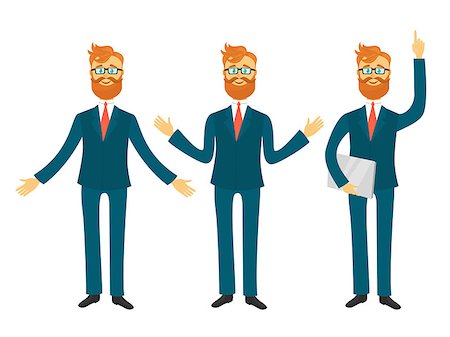 Young businessman with red hair and glasses, in blue business suit in different poses for business presentation isolated on white background.Successful man shows and tells vector illustration Foto de stock - Royalty-Free Super Valor e Assinatura, Número: 400-09064440