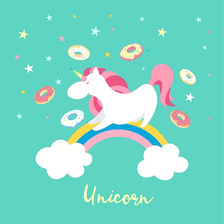 Unicorn on rainbow. Cute magic background with unicorn, rainbow and stars. Catroon flat style vector illustration Foto de stock - Royalty-Free Super Valor e Assinatura, Número: 400-09064473
