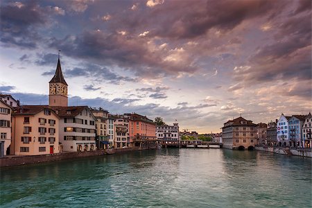 simsearch:400-07729303,k - Cityscape image of Zurich, Switzerland during dramatic sunset. Stockbilder - Microstock & Abonnement, Bildnummer: 400-09064767