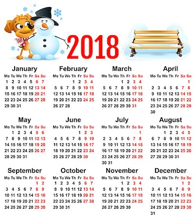 Yellow dog symbol of year 2018. Winter vacation making snowman. Vector template calendar illustration Foto de stock - Royalty-Free Super Valor e Assinatura, Número: 400-09064768