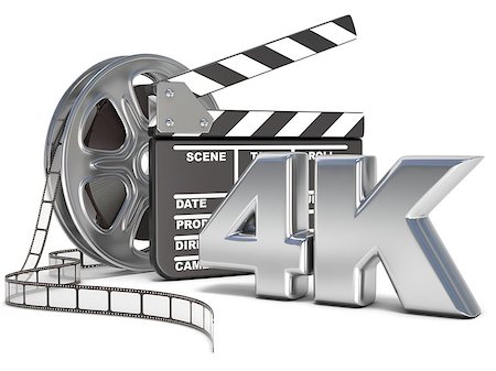 Film reels and movie clapper board. 4K video icon. 3D render illustration isolated on white background Stock Photo - Budget Royalty-Free & Subscription, Code: 400-09064931