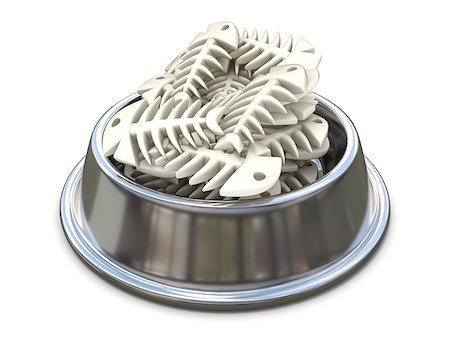 fish bones on plate - Chrome cat bowl with bones. 3D render illustration isolated on white background Stock Photo - Budget Royalty-Free & Subscription, Code: 400-09064942