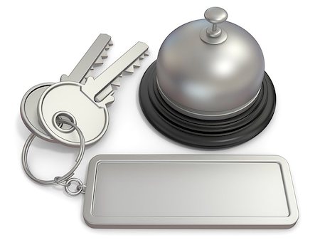 simsearch:400-09068492,k - Hotel key with rectangular blank label on ring and reception bell. 3D render illustration isolated on white background Foto de stock - Royalty-Free Super Valor e Assinatura, Número: 400-09064958