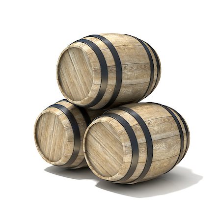 Group of wooden wine barrels. 3D render illustration isolated over white background Stock Photo - Budget Royalty-Free & Subscription, Code: 400-09064995