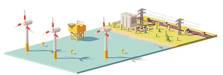 Vector low poly wind turbines power plant infrastructure. Includes offshore wind farm, power lines Stock Photo - Budget Royalty-Free & Subscription, Code: 400-09065075