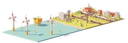 Vector low poly wind turbines power plant infrastructure. Includes offshore wind farm, power lines and city Stock Photo - Budget Royalty-Free & Subscription, Code: 400-09065076