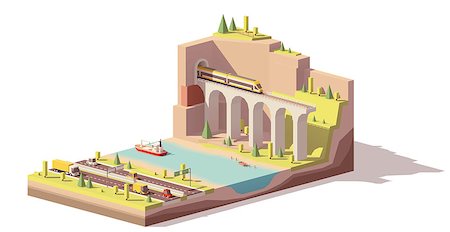 Vector low poly landscape with highway, river, trucks, cars, railroad and ship Stock Photo - Budget Royalty-Free & Subscription, Code: 400-09065073