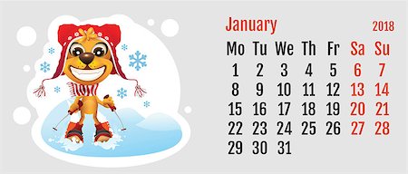 simsearch:400-09065162,k - 2018 year of yellow dog on Chinese calendar. Fun dog skier. Calendar grid month January. Vector cartoon illustration Stock Photo - Budget Royalty-Free & Subscription, Code: 400-09065113