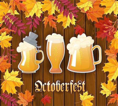 simsearch:400-06389296,k - Oktoberfest .Traditional German autumn festival of beer background.Three mugs of beer on a wooden background with frame of autumn leaves. Cartoon flat style vector illustration Stock Photo - Budget Royalty-Free & Subscription, Code: 400-09065138