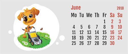 simsearch:400-09065162,k - 2018 year of yellow dog on Chinese calendar. Fun dog lawn mower. Calendar grid month June. Vector cartoon illustration Stock Photo - Budget Royalty-Free & Subscription, Code: 400-09065164
