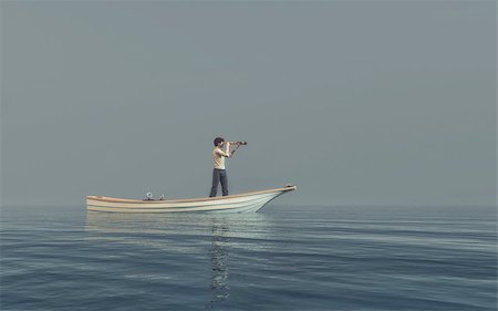simsearch:400-09066555,k - Man watching through a spyglass in a boat afloat the sea. This is a 3d render illustration Fotografie stock - Microstock e Abbonamento, Codice: 400-09065168