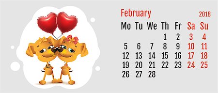 simsearch:400-09065162,k - 2018 year of yellow dog on Chinese calendar. Dog couple love. Calendar grid month February. Vector cartoon illustration Stock Photo - Budget Royalty-Free & Subscription, Code: 400-09065160