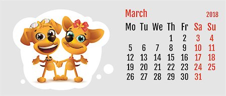 simsearch:400-09065162,k - 2018 year of yellow dog on Chinese calendar. Dog couple love. Calendar grid month March. Vector cartoon illustration Stock Photo - Budget Royalty-Free & Subscription, Code: 400-09065161