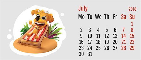 simsearch:400-09065162,k - 2018 year of yellow dog on Chinese calendar. Fun dog lies in deck chair. Calendar grid month July. Vector cartoon illustration Stock Photo - Budget Royalty-Free & Subscription, Code: 400-09065194