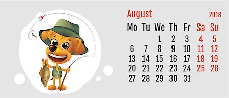 fisherman cartoon - 2018 year of yellow dog on Chinese calendar. Fun dog fisherman. Calendar grid month August. Vector cartoon illustration Stock Photo - Budget Royalty-Free & Subscription, Code: 400-09065195