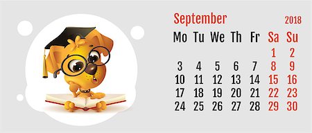 simsearch:400-09065162,k - 2018 year of yellow dog on Chinese calendar. Fun dog reading book. Calendar grid month September. Vector cartoon illustration Stock Photo - Budget Royalty-Free & Subscription, Code: 400-09065196