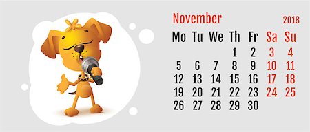 simsearch:400-09065162,k - 2018 year of yellow dog on Chinese calendar. Fun dog sings. Calendar grid month November. Vector cartoon illustration Stock Photo - Budget Royalty-Free & Subscription, Code: 400-09065198