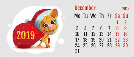 simsearch:400-09065162,k - 2018 year of yellow dog on Chinese calendar. Fun Santa dog carries bag. Calendar grid month December. Vector cartoon illustration Stock Photo - Budget Royalty-Free & Subscription, Code: 400-09065199