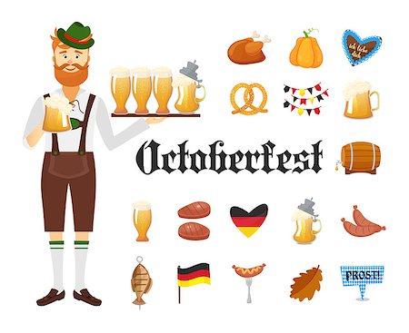 Smiling Bavarian man with red beard and moustache, dressed in traditional costume and hat with beer glasses and set of Oktoberfest icons. Traditional symbols of autumn holiday of beer isolated on white background. Cartoon flat style vector illustration Foto de stock - Royalty-Free Super Valor e Assinatura, Número: 400-09065205