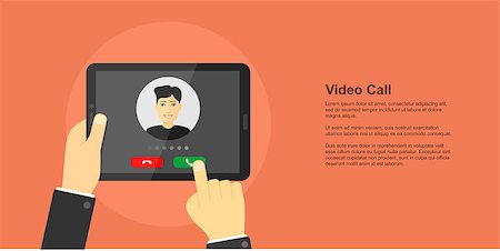 picture of human hand holding digital tablet with man avatar on its screen, video conference, online chat, video call concept, flat style banner Stock Photo - Budget Royalty-Free & Subscription, Code: 400-09065238