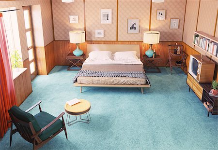 beautiful vintage bedroom  interior. wooden walls concept. 3d rendering Stock Photo - Budget Royalty-Free & Subscription, Code: 400-09065400