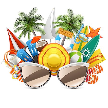 simsearch:400-08337834,k - Vector Beach Concept with Sunglasses isolated on white background Foto de stock - Royalty-Free Super Valor e Assinatura, Número: 400-09065437