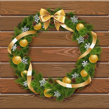 simsearch:400-09065552,k - Vector Christmas Wreath on Wooden Board with golden decorations Photographie de stock - Aubaine LD & Abonnement, Code: 400-09065547