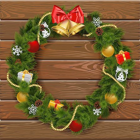 simsearch:400-09065552,k - Vector Christmas Wreath on Wooden Board 2 with gifts, snowflakes, baubles and bell Photographie de stock - Aubaine LD & Abonnement, Code: 400-09065548