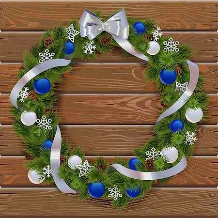 simsearch:400-09065552,k - Vector Christmas Wreath on Wooden Board 3 with blue decorations Photographie de stock - Aubaine LD & Abonnement, Code: 400-09065549