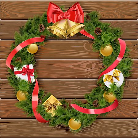 simsearch:400-09142612,k - Vector Christmas Wreath on Wooden Board 4 with red ribbbon and golden bell Stockbilder - Microstock & Abonnement, Bildnummer: 400-09065550