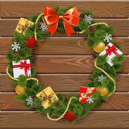 simsearch:400-09065552,k - Vector Christmas Wreath on Wooden Board 5 with red bow Photographie de stock - Aubaine LD & Abonnement, Code: 400-09065551