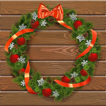simsearch:400-09142612,k - Vector Christmas Wreath on Wooden Board 7 with red decorations Stockbilder - Microstock & Abonnement, Bildnummer: 400-09065552