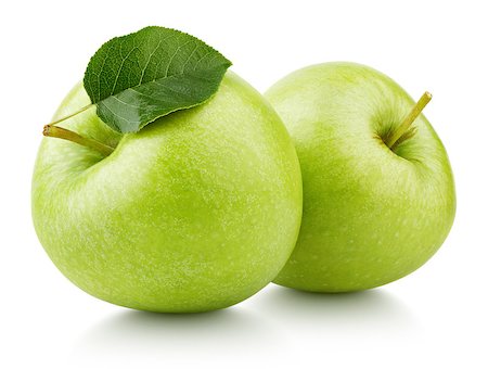 simsearch:400-09066237,k - Two ripe green apple fruits with apple leaf isolated on white background. Green apples with clipping path Photographie de stock - Aubaine LD & Abonnement, Code: 400-09065563