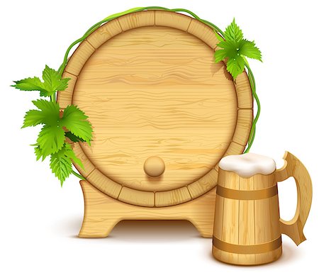 simsearch:400-07728694,k - Wooden barrel and full wooden beer mug with thick white foam. Isolated vector cartoon realistic illustration Stock Photo - Budget Royalty-Free & Subscription, Code: 400-09065786
