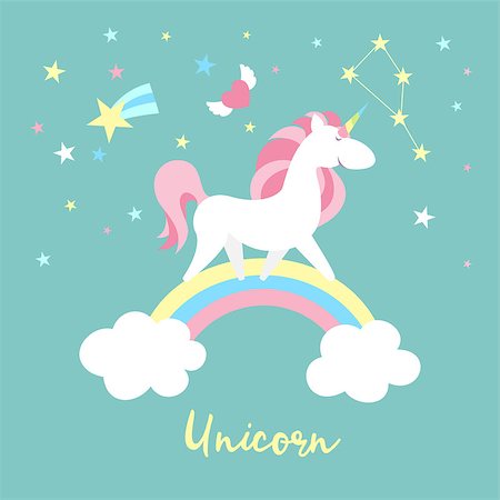 Unicorn on rainbow. Cute magic background with unicorn, rainbow and stars. Catroon flat style vector illustration Foto de stock - Royalty-Free Super Valor e Assinatura, Número: 400-09065891