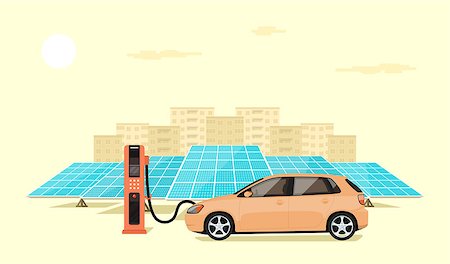 electricity city sun - modern electric car charging at the charger station in front of the solar panels, big city skyline in the background, flat style illustration Stock Photo - Budget Royalty-Free & Subscription, Code: 400-09065978