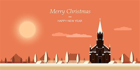 dhai_halud (artist) - picture of a Roman-Catholic church with fence and trees, merry christmas banner, flat style illustration Stockbilder - Microstock & Abonnement, Bildnummer: 400-09065979