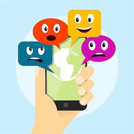 dhai_halud (artist) - picture of human hand holding mobile phone with speech bubbles with different emotions, mobile communication and social network concept, flat style illustration Stockbilder - Microstock & Abonnement, Bildnummer: 400-09065970