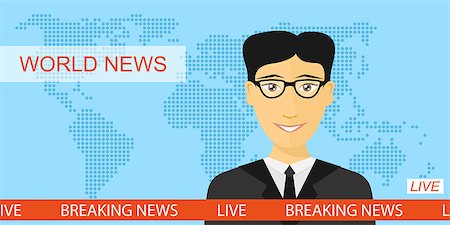 Anchorman on tv, news announcer in the studio, breaking news and television concept with globe map background, flat style illustration Stock Photo - Budget Royalty-Free & Subscription, Code: 400-09065987