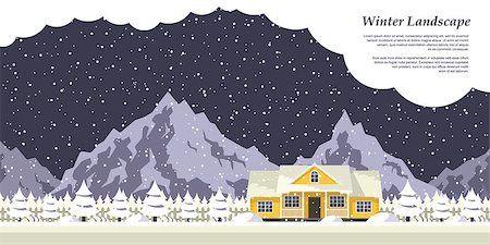 dhai_halud (artist) - picture of winter landscape with private house, snow-covered firs, falling snow and mountains on background Stockbilder - Microstock & Abonnement, Bildnummer: 400-09065999