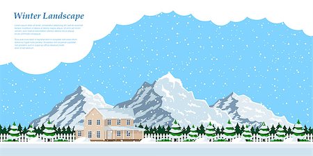 dhai_halud (artist) - picture of winter landscape with private house, snow-covered firs, falling snow and mountains on background Stockbilder - Microstock & Abonnement, Bildnummer: 400-09066004