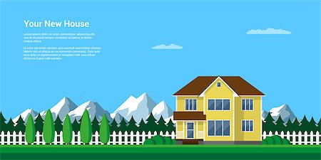 dhai_halud (artist) - mountain summer landscape, flat style illustration, house in the forest with mountains on background, rest in peacefull village among mountains and trees Stockbilder - Microstock & Abonnement, Bildnummer: 400-09066005