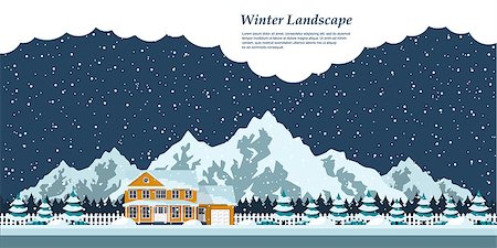 dhai_halud (artist) - picture of winter landscape with private house, snow-covered firs, falling snow and mountains on background Stockbilder - Microstock & Abonnement, Bildnummer: 400-09066000